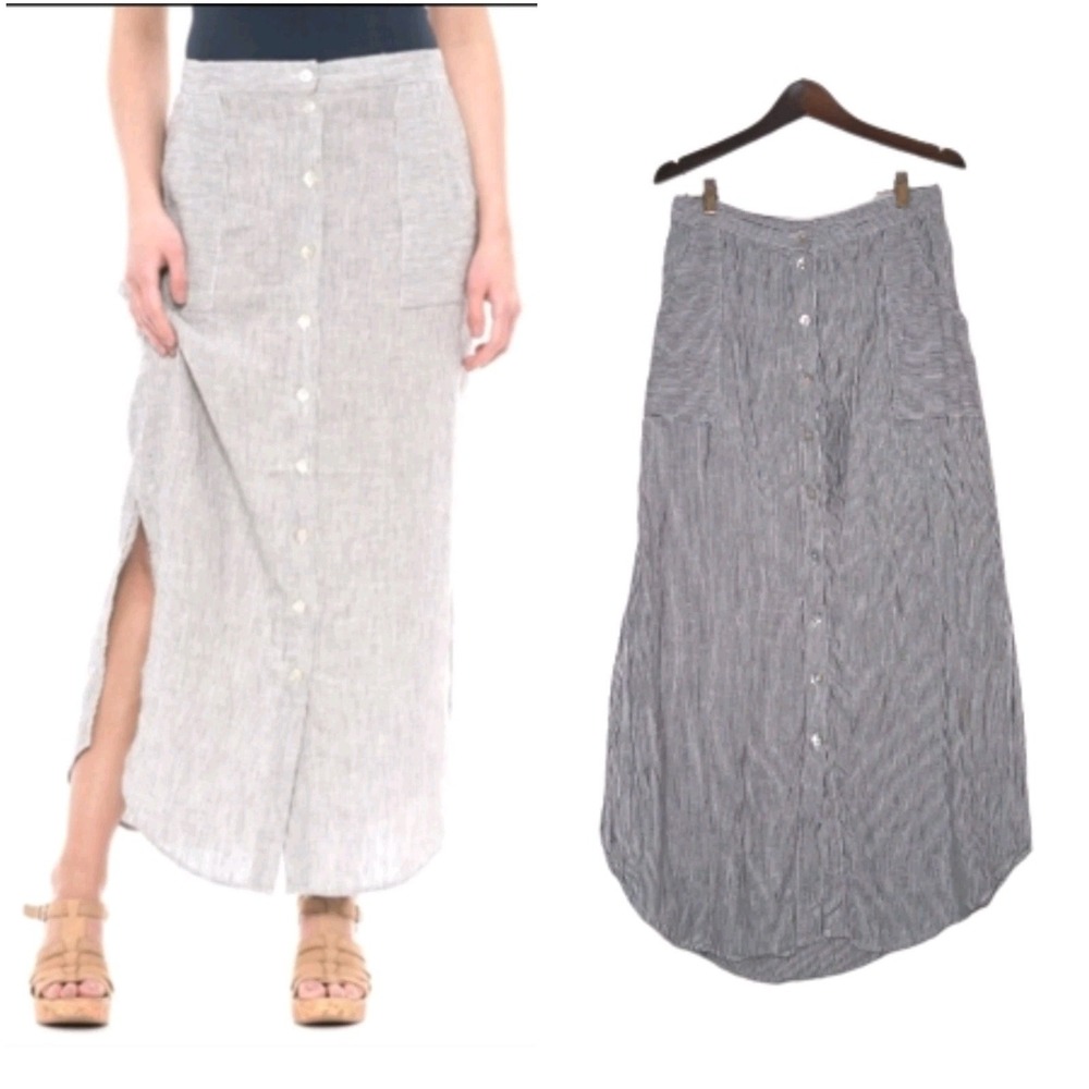 St Tropez West Skirt Womens Large Linen Midi Striped Button Pockets Coastal